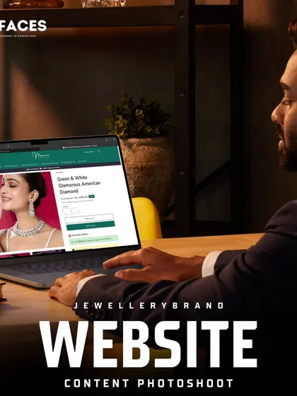 A person browsing a jewellery product page on a laptop, featuring our campaign imagery. Our visuals are designed to seamlessly integrate into your e-commerce platform and enhance the user experience.