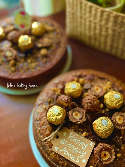 A very special birthday request. This is my classic marble cake, but with a fun and indulgent topping of Ferrero Rocher chocolates. It was a huge hit with the birthday boy.