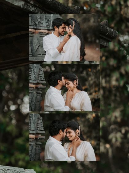 A vertical collage showing the intimate and tender moments between the couple during their traditional photoshoot.