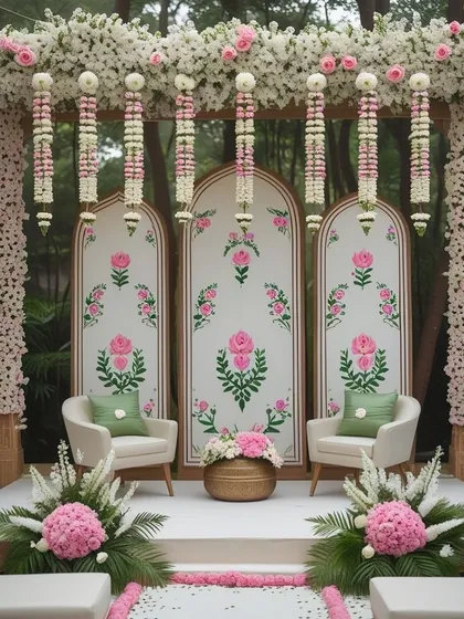 An elegant and serene stage for a Mehendi or Haldi ceremony. The backdrop features hand-painted floral motifs, complemented by hanging floral strings and beautiful pink and white flower arrangements.