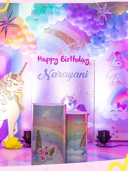 A magical unicorn and rainbow theme that's straight out of a fairytale. The sparkling backdrop and pastel colors made this party a dreamy escape for the birthday girl and her friends.