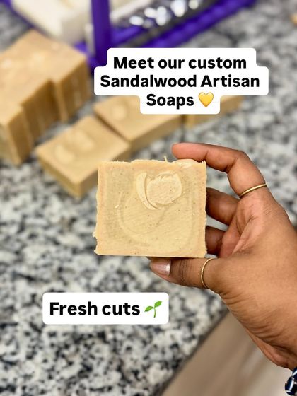 A freshly cut bar of our custom Sandalwood soap. The scent of Mysore Sandalwood fills the entire studio when we make these.