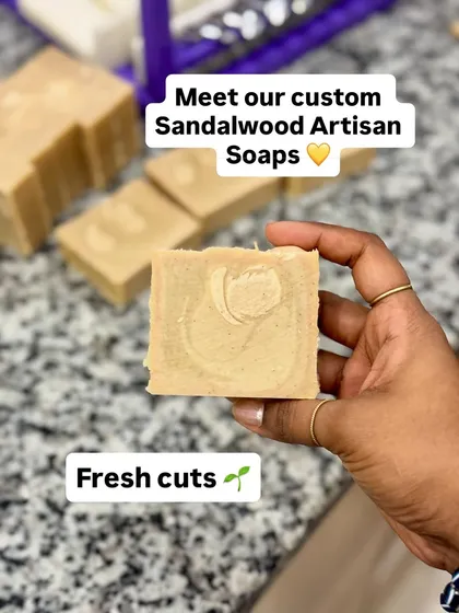 A freshly cut bar of our custom Sandalwood Artisan Soap. The swirl on top is a simple but elegant touch.