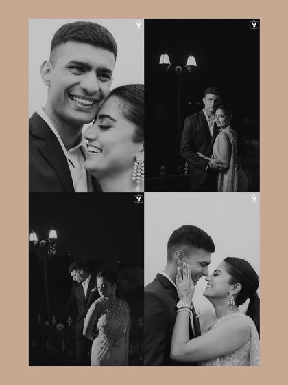 A collage of intimate black and white portraits of a couple at night. The dramatic lighting and their close embraces create a series of romantic and moody images.