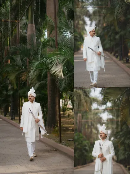 A series of portraits of the Maharashtrian groom in his pristine white sherwani and pheta, holding a ceremonial sword. He looks regal and ready for his wedding day.