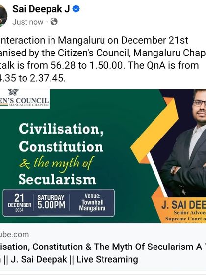 A link to my talk in Mangaluru on "Civilisation, Constitution & the myth of Secularism". This is a core theme of my work, and I elaborate on it in detail here.