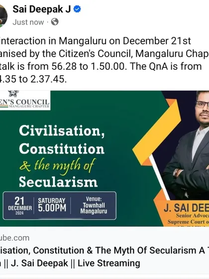 The YouTube thumbnail for my talk in Mangaluru on "Civilisation, Constitution & the myth of Secularism". The session included an extensive Q&A, allowing for deep engagement with the audience.