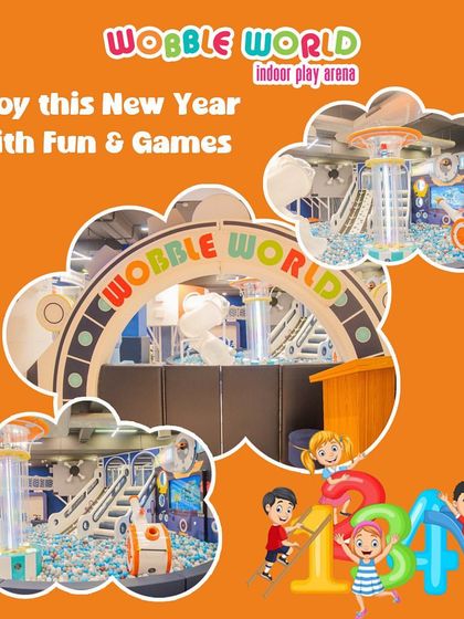 A collage celebrating the New Year with fun and games. Wobble World is a great place to ring in a new year of play.