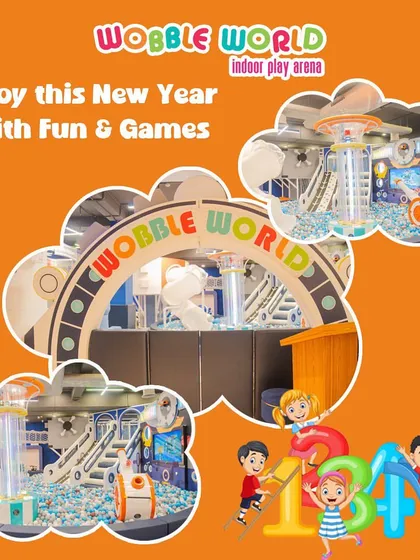 A collage celebrating the New Year with fun and games. Wobble World is a great place to ring in a new year of play.