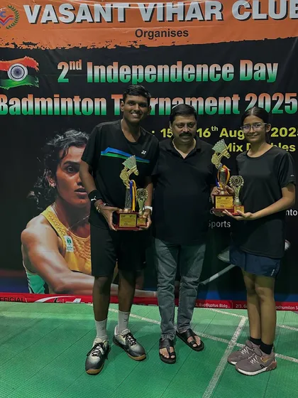 Winners and runners-up of the C Group Mixed Doubles, Rishi and Muskan, and Preet and Bhakti.