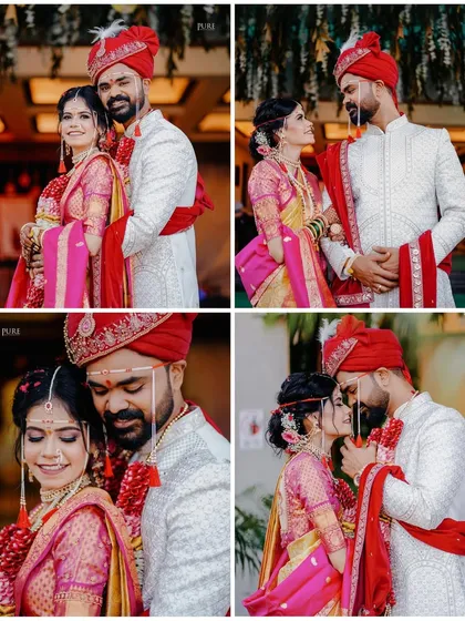 A collage of romantic moments from the couple's wedding day, showcasing a variety of poses from sweet embraces to loving gazes.