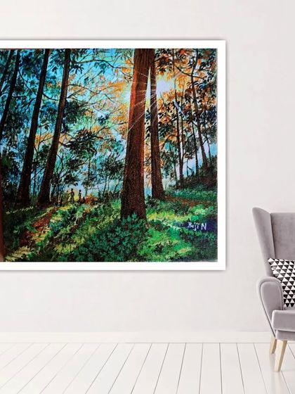 This painting of a sunrise in Cubbon Park, with a couple walking in the distance, is about hope and new beginnings. It's a reminder of the quiet, beautiful moments in life. This piece has been sold.