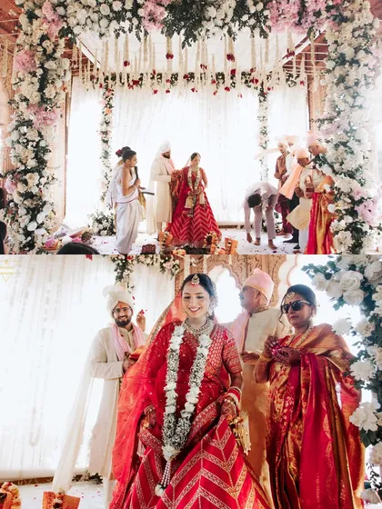 A collage of the wedding ceremony, showing the couple taking their pheras under a beautifully decorated floral mandap.