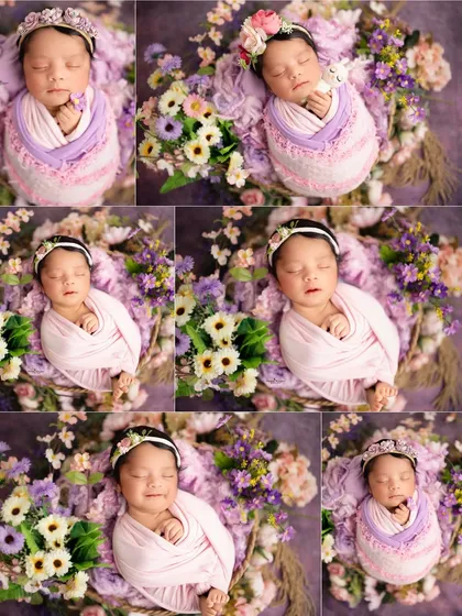 This collage shows the variety of poses and expressions we can capture in a single floral-themed session. From different wraps to delicate headbands, each shot tells a slightly different story.