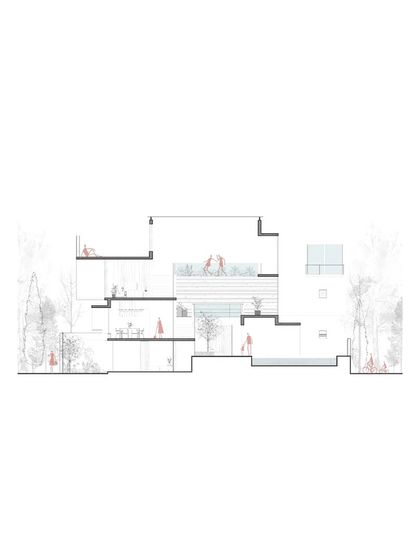 A sectional drawing of the Notan Home, showing the relationship between the interior spaces, the central courtyard pool, and the upper-level terraces. This drawing explains how the home is designed for both privacy and openness.