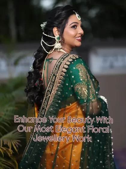 This mom-to-be looks absolutely elegant. I designed this white and green floral set, including the unique pearl hair accessory, to complement her beautiful yellow and green saree.