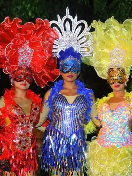 Color and coordination are essential for a powerful group performance. Our team of dancers is seen here in a variety of vibrant, detailed costumes, ready to kick off a spectacular Samba show.