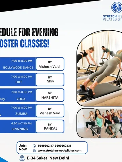 Wondering if our classes fit your schedule? Here's a look at our evening roster, packed with options like Bollywood Dance, HIIT, Yoga, Zumba, and Spinning.