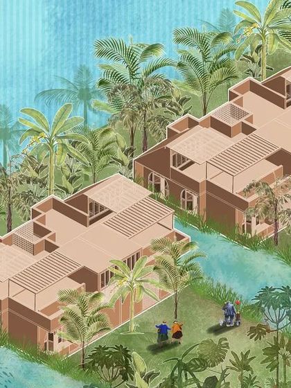 An aerial illustration of the Moat House units at The Ramparts. The design explores a narrative of defense and seclusion, with the architecture drawing from the region's historic fortifications.