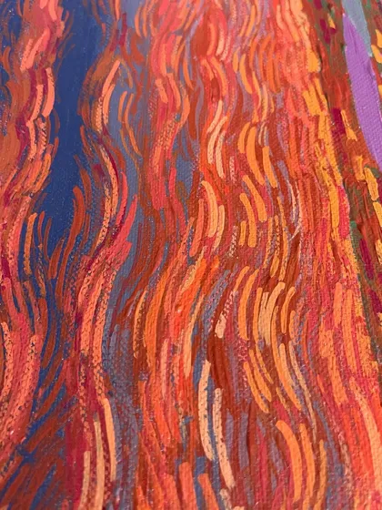 A close-up of the fiery sunset in my 'Colorful Lake 2' painting. You can see the thick, textured acrylic brushstrokes that give the sky its energy. I build my canvases with layers of paint to convey feeling, so every original piece has a physical depth you can almost touch.