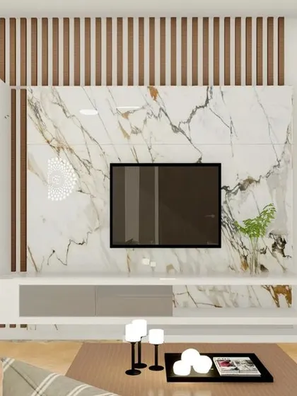 A TV unit design featuring a striking marble panel flanked by vertical wooden slats and asymmetrical shelving for a balanced and modern look.