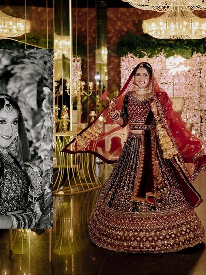 A creative wedding day portrait, blending a black and white close-up with a full-color shot of the bride in her stunning lehenga. This highlights her joy and the beauty of her attire.