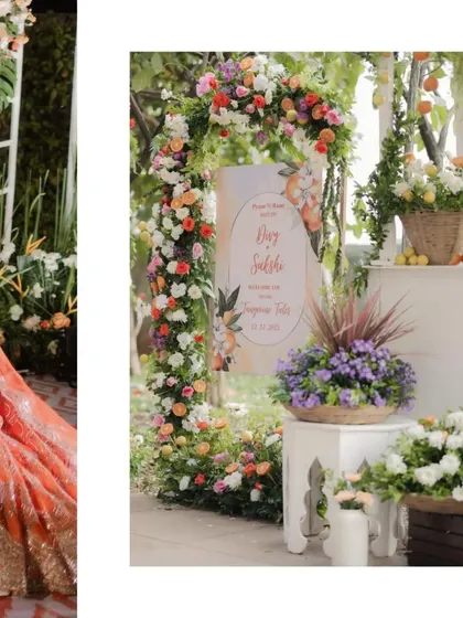 A closer look at the fresh and vibrant decor for a Sangeet and Haldi, featuring a custom welcome sign and beautiful arrangements of colorful flowers.