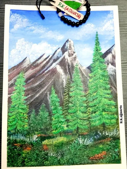 Another view of my acrylic mountain landscape painting. The vibrant green of the trees contrasts beautifully with the stark, rocky peaks.