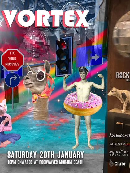 The flyer for my first gig of 2024 at Vortex, Rockwaves. The artwork is as wild as the party is going to be. See you on the beach.