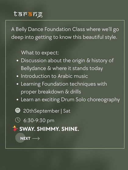 This graphic details what to expect in our Belly Dance Foundation Class, including discussions on history, introduction to Arabic music, and learning a drum solo.