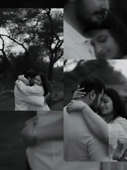 A collage of tender black and white moments from Kushal and Hemal's pre-wedding shoot. The focus is on their embraces and quiet connection, telling a story of their long-time love.
