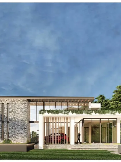 A 3D render of a modern farmhouse project. My design blends rustic stone elements with the clean lines and large glass openings of contemporary architecture, creating a perfect balance of comfort and style.