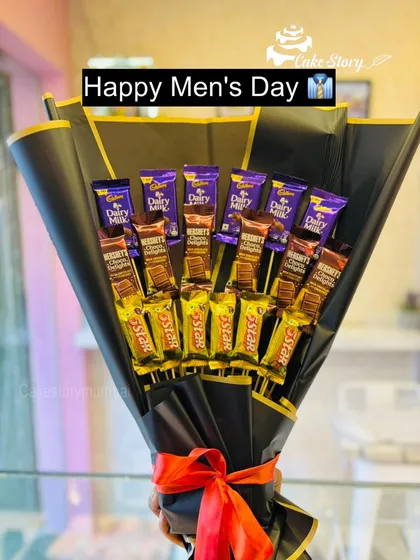 A special chocolate bouquet designed for Men's Day. This arrangement features a mix of popular chocolates like Dairy Milk, 5 Star, and Hershey's, making it a great gift for him on any occasion.