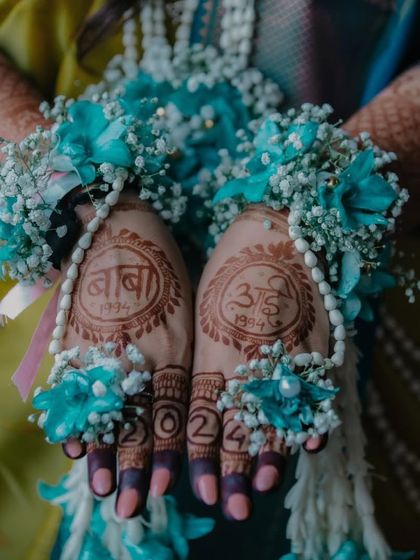 The other hand from the baby shower set, with "Baba" and "Aai" written in Marathi script. The dates are also included, making it a beautiful keepsake of this special time.