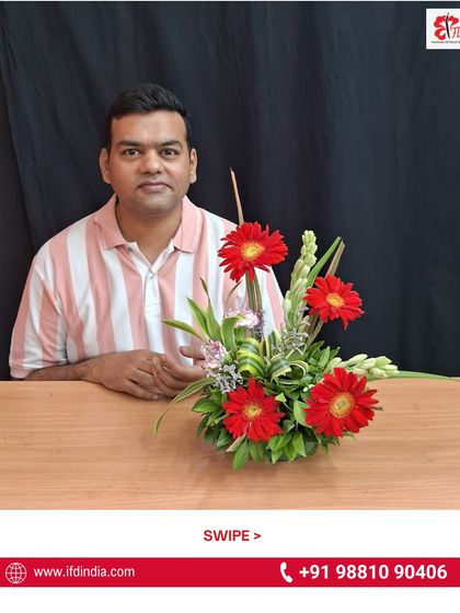 This student from our Pune batch created a striking design with red gerberas in his very first class. Our hands-on approach ensures everyone can create something beautiful right away.