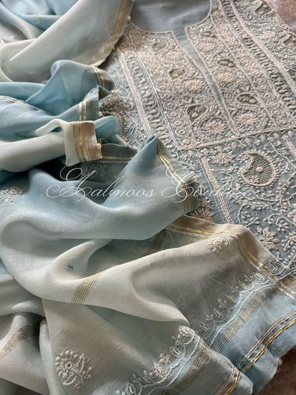 A view of the ombré dupatta draped across the kurta, showing the beautiful color transition.