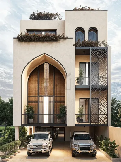 This facade design draws inspiration from classic arches and geometric patterns. The grand central arch creates a dramatic focal point, while the perforated screen adds a layer of privacy and texture.
