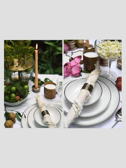A collage showing two different moods for Byaas Home's decor. One side is a bright, daytime garden setting, while the other is a more formal, intimate dinner setup, demonstrating the versatility of their products.