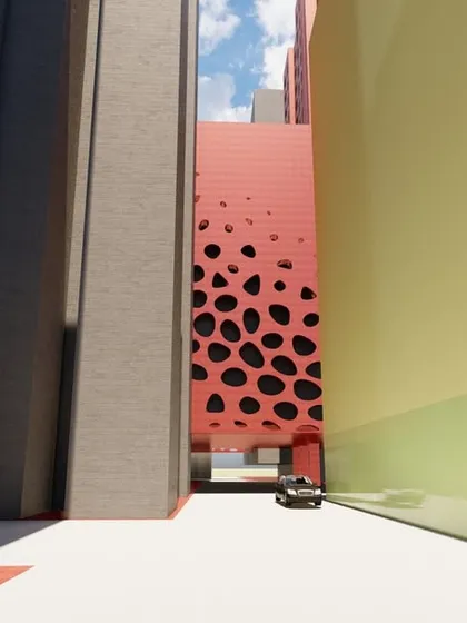 Another view of the conceptual facade with a perforated red screen. This perspective from the driveway shows how such a feature can create a dramatic and memorable entrance experience for a residential building.