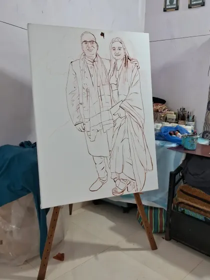 A commissioned portrait painting of a couple, measuring 48 by 36 inches, in the initial drawing phase on canvas. I work on large-scale canvases for clients seeking a significant piece of art.