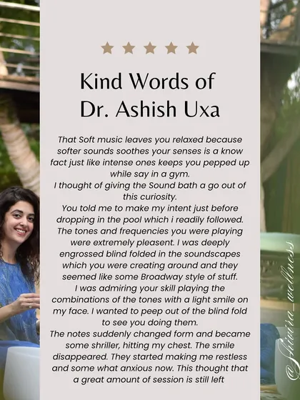 "I was deeply engrossed, blindfolded in the soundscapes which you were creating." This beautiful testimonial from Dr. Ashish Uxa describes how the tones and frequencies felt like a "Broadway style" performance that shifted from pleasant to deeply moving.