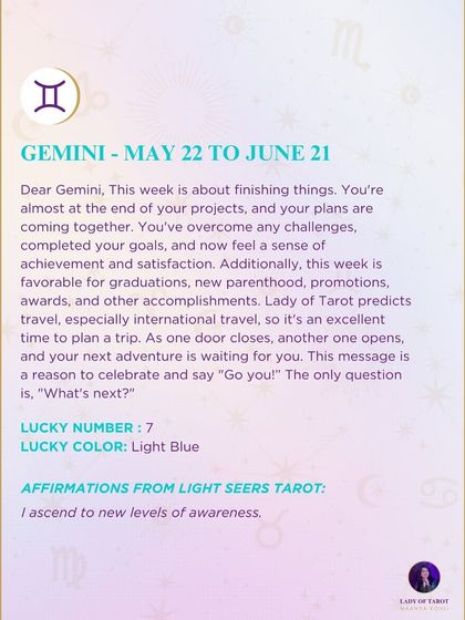 A weekly forecast for Gemini about finishing projects and plans coming together. This reading signals a time for graduations, promotions, awards, and other achievements.