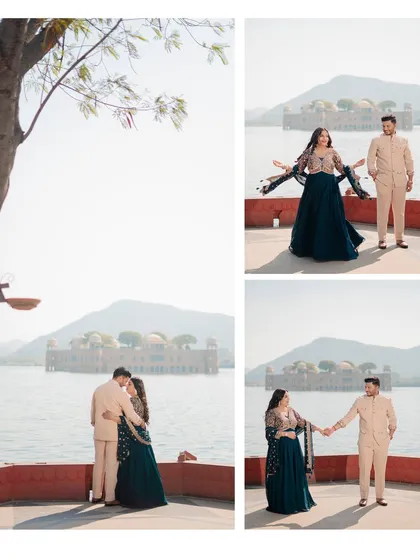 A collage of Ishant and Saloni's beautiful pre-wedding shoot at Jal Mahal, showcasing the serene beauty of the location at sunrise.