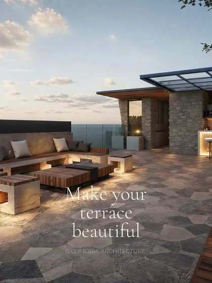 A beautiful rooftop terrace designed for entertaining, complete with a built-in bar and ample seating. The use of stone, wood, and integrated lighting creates a warm and inviting atmosphere with a stunning view.