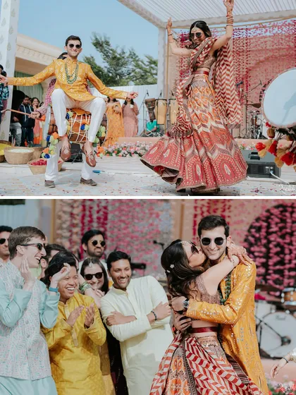 A diptych of pure energy from the haldi celebration, showing the groom dancing on a dhol and the couple sharing a happy kiss amidst the crowd.