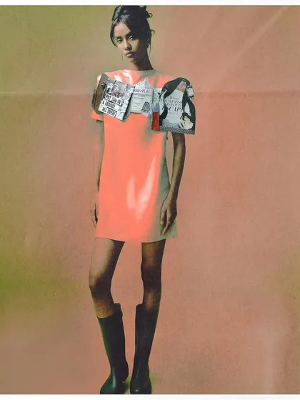 From the conceptual series 'from the pages,' this image explores how magazine imagery shapes our self-perception. The styling incorporates magazine cutouts directly onto the garment, serving as a form of cultural commentary.