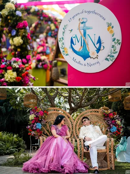 Personalization is in the details. This collage highlights a custom anchor-themed monogram for the couple's 25th anniversary and their special peacock wicker seating, surrounded by lush, colorful floral decor.