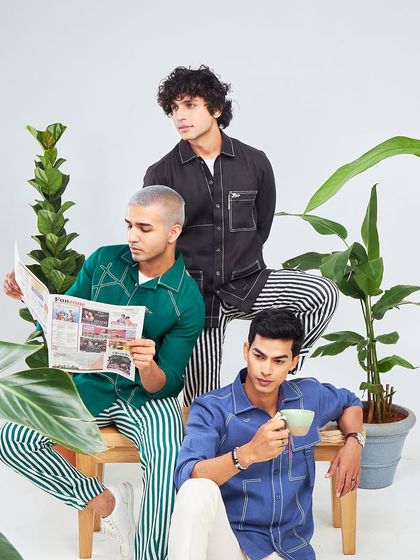 A group of models showcasing the dawn-to-dusk versatility of the Antriksh collection, reflecting the spirit of the cosmos in every piece.