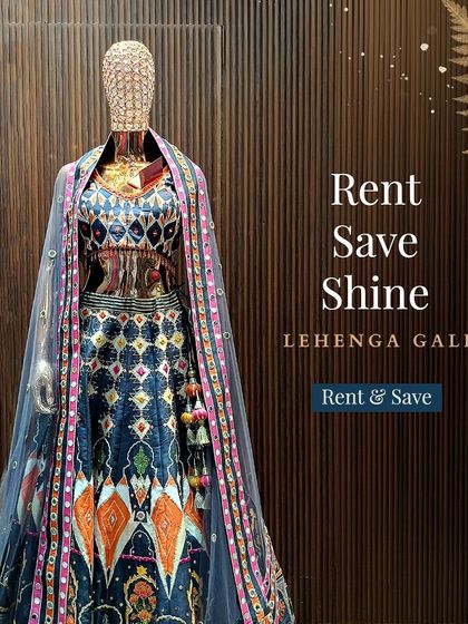 Rent, Save, Shine. A simple and effective message on a beautiful image of a multi-colored lehenga.