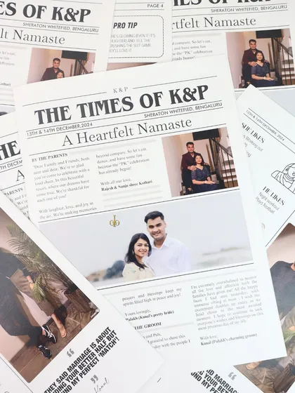 Your love story, front-page news. This is a custom wedding itinerary we designed to look like a newspaper, "The Times of K&P," sharing the couple's story and event details in a truly unique and memorable format.